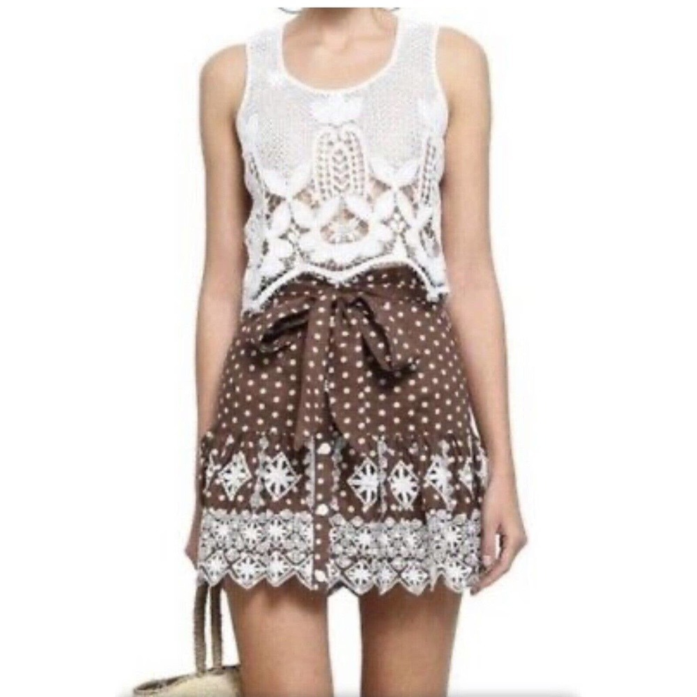 MIGUELINA Brown Polka Dot Print Mini Skirt NEW w/embroidery lace accents sz XS